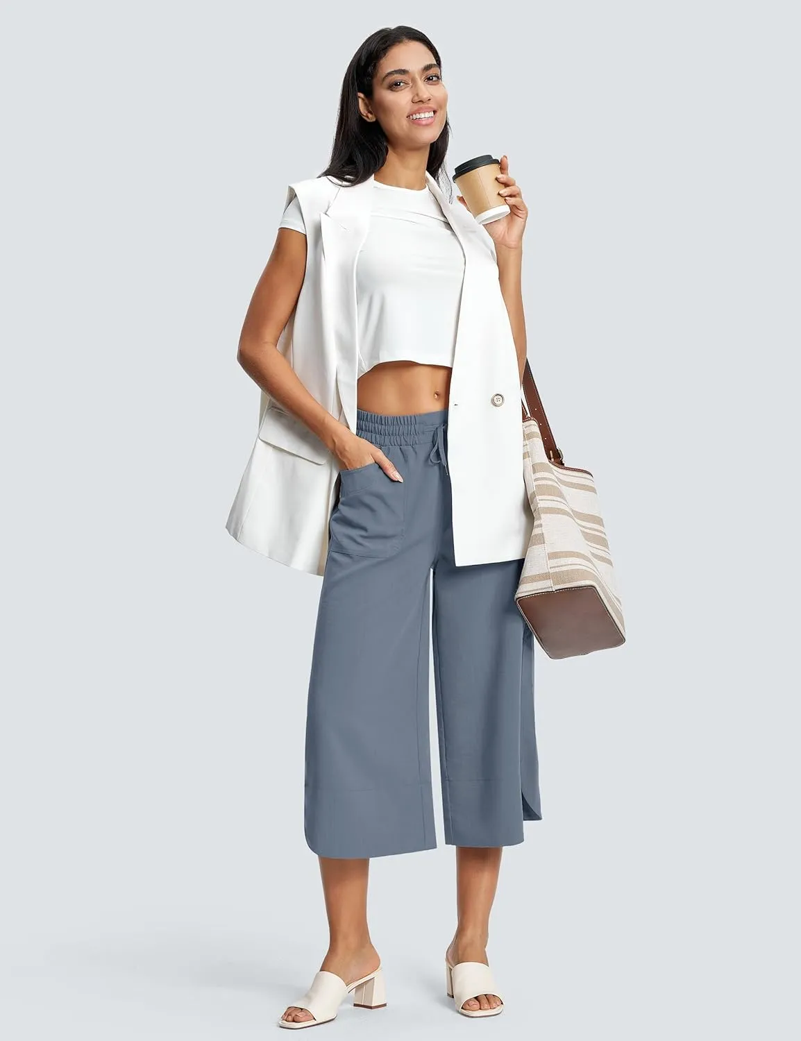18" Capri Pants for Women Wide Leg Capris with Pockets for Women Lightweight Womens Capris for Summer Yoga Casual