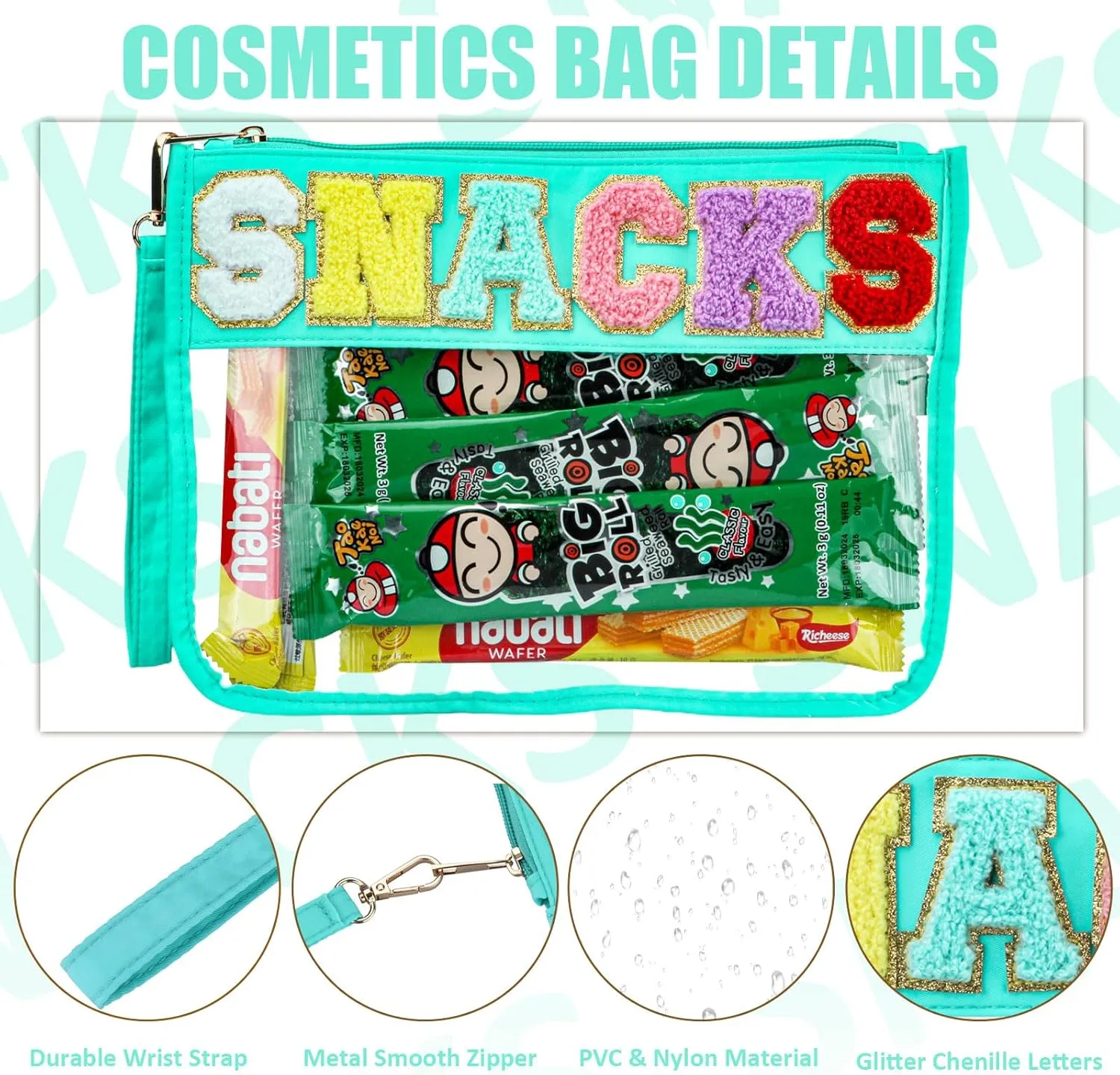 2 Pcs Snacks Bag Gifts Cosmetic Makeup Bag with Chenille Letter Patch, Clear Pouch PVC Organizer Purse, Waterproof Travel Bag, Portable Toiletry Storage Bag for Her Girls Friends Women