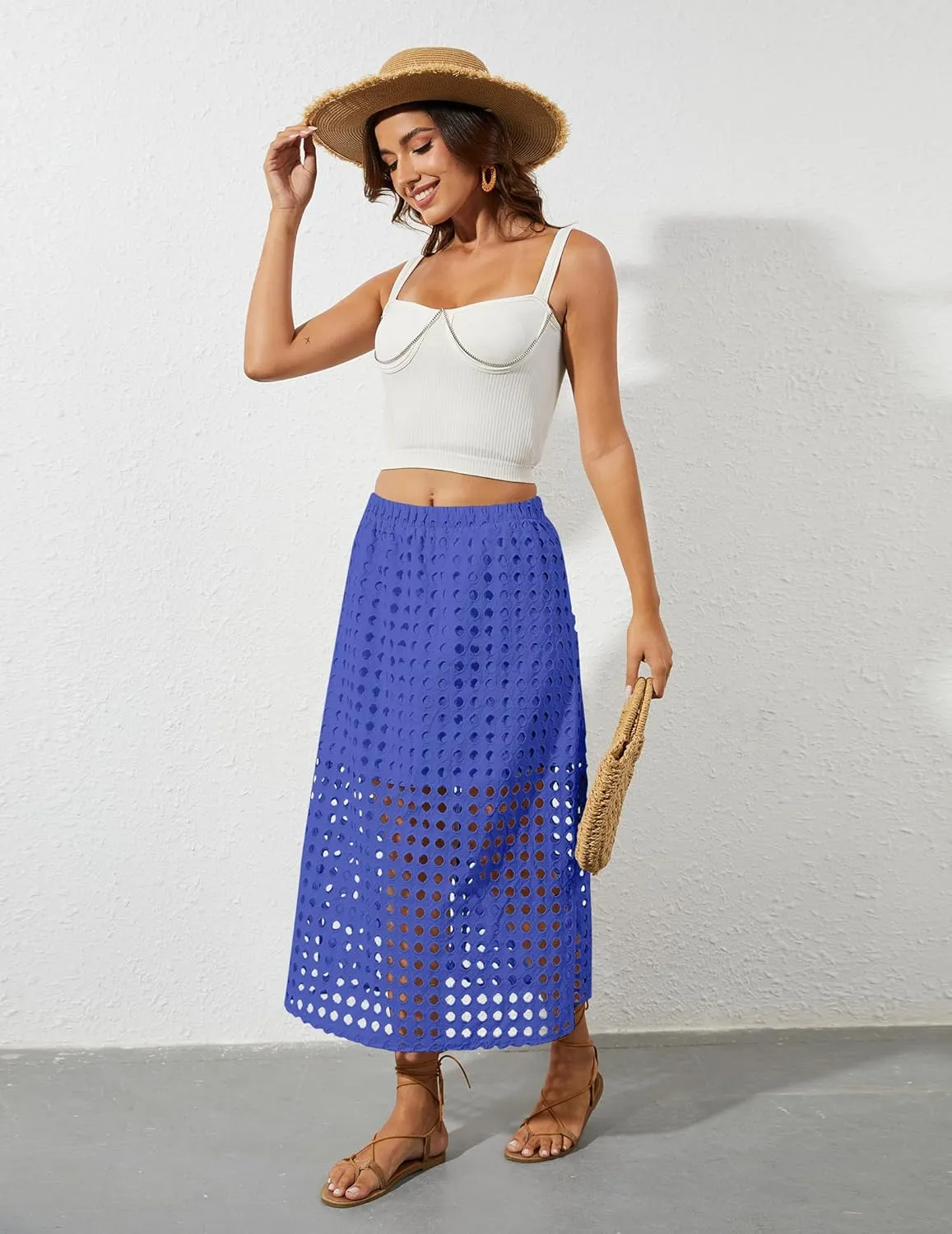 2025 Summer Casual Long Skirt for Women Hollow Out Midi Skirt Eyelet Beach Skirt