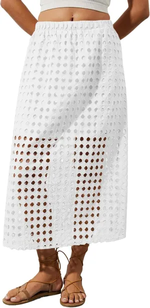 2025 Summer Casual Long Skirt for Women Hollow Out Midi Skirt Eyelet Beach Skirt