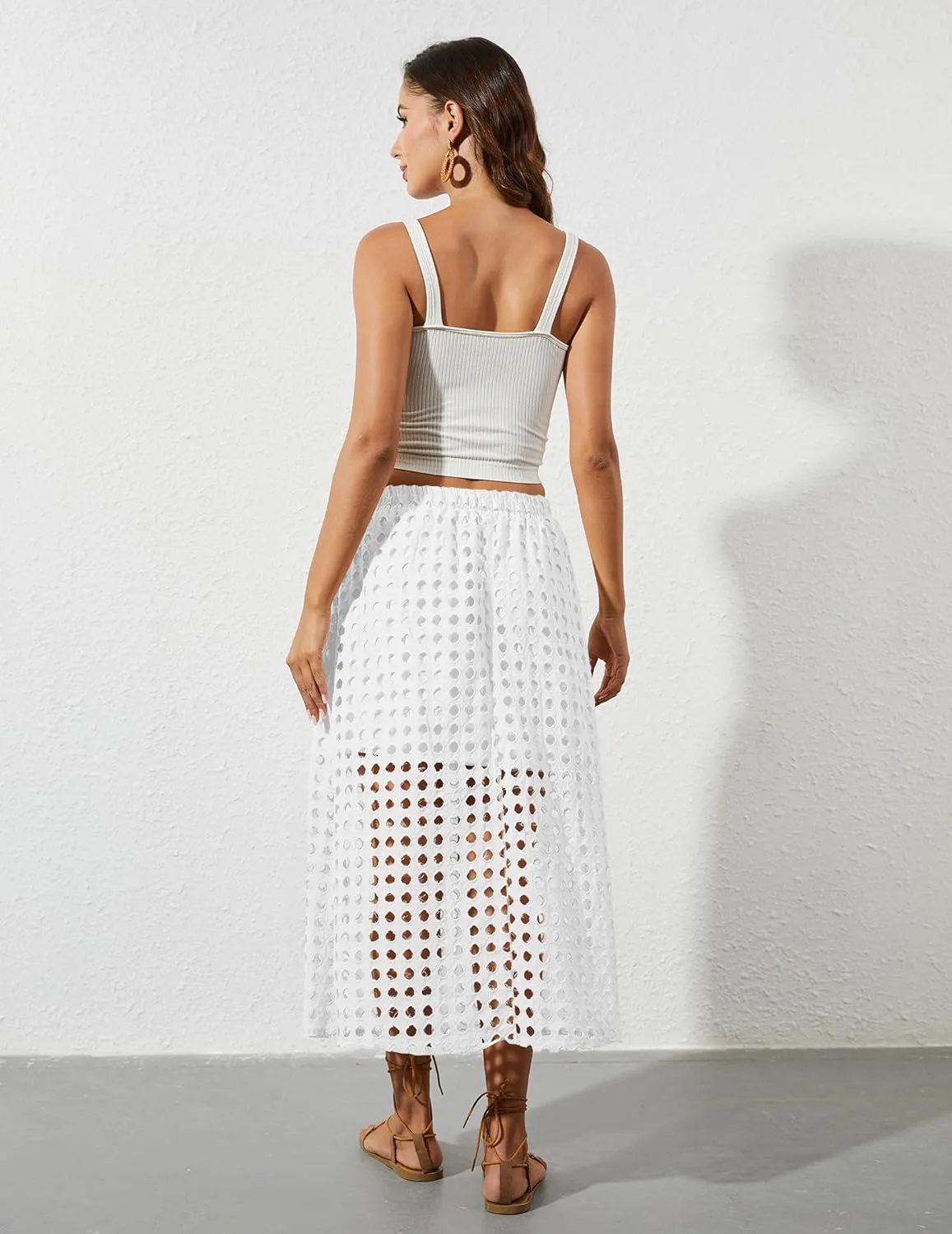 2025 Summer Casual Long Skirt for Women Hollow Out Midi Skirt Eyelet Beach Skirt