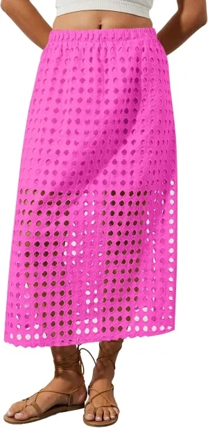 2025 Summer Casual Long Skirt for Women Hollow Out Midi Skirt Eyelet Beach Skirt
