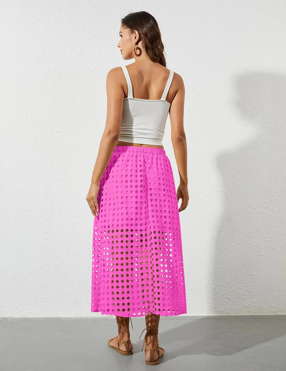 2025 Summer Casual Long Skirt for Women Hollow Out Midi Skirt Eyelet Beach Skirt