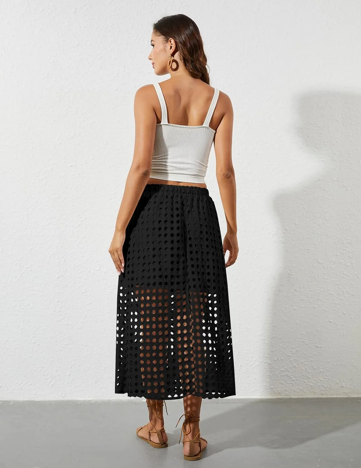 2025 Summer Casual Long Skirt for Women Hollow Out Midi Skirt Eyelet Beach Skirt