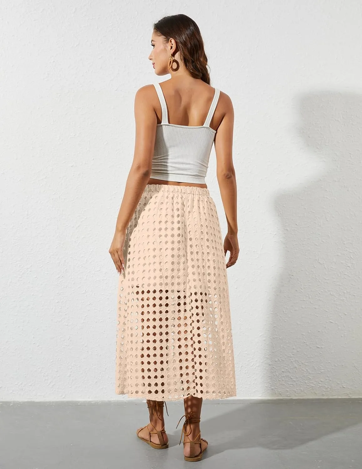 2025 Summer Casual Long Skirt for Women Hollow Out Midi Skirt Eyelet Beach Skirt