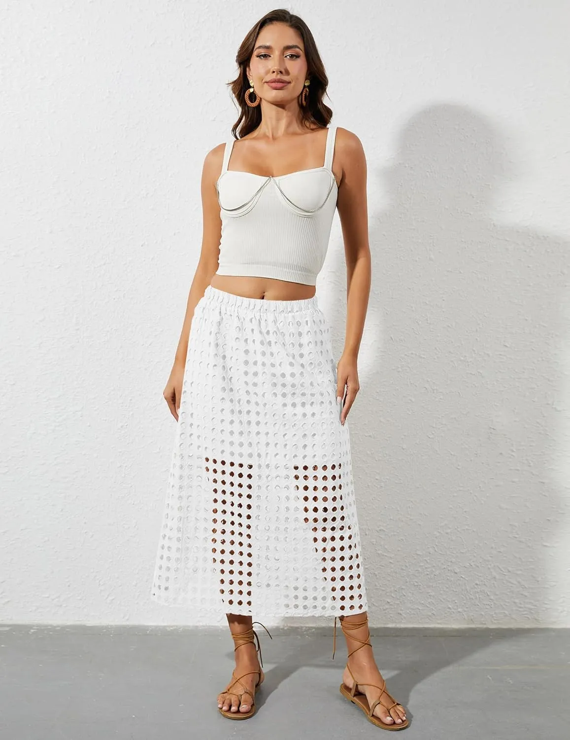 2025 Summer Casual Long Skirt for Women Hollow Out Midi Skirt Eyelet Beach Skirt