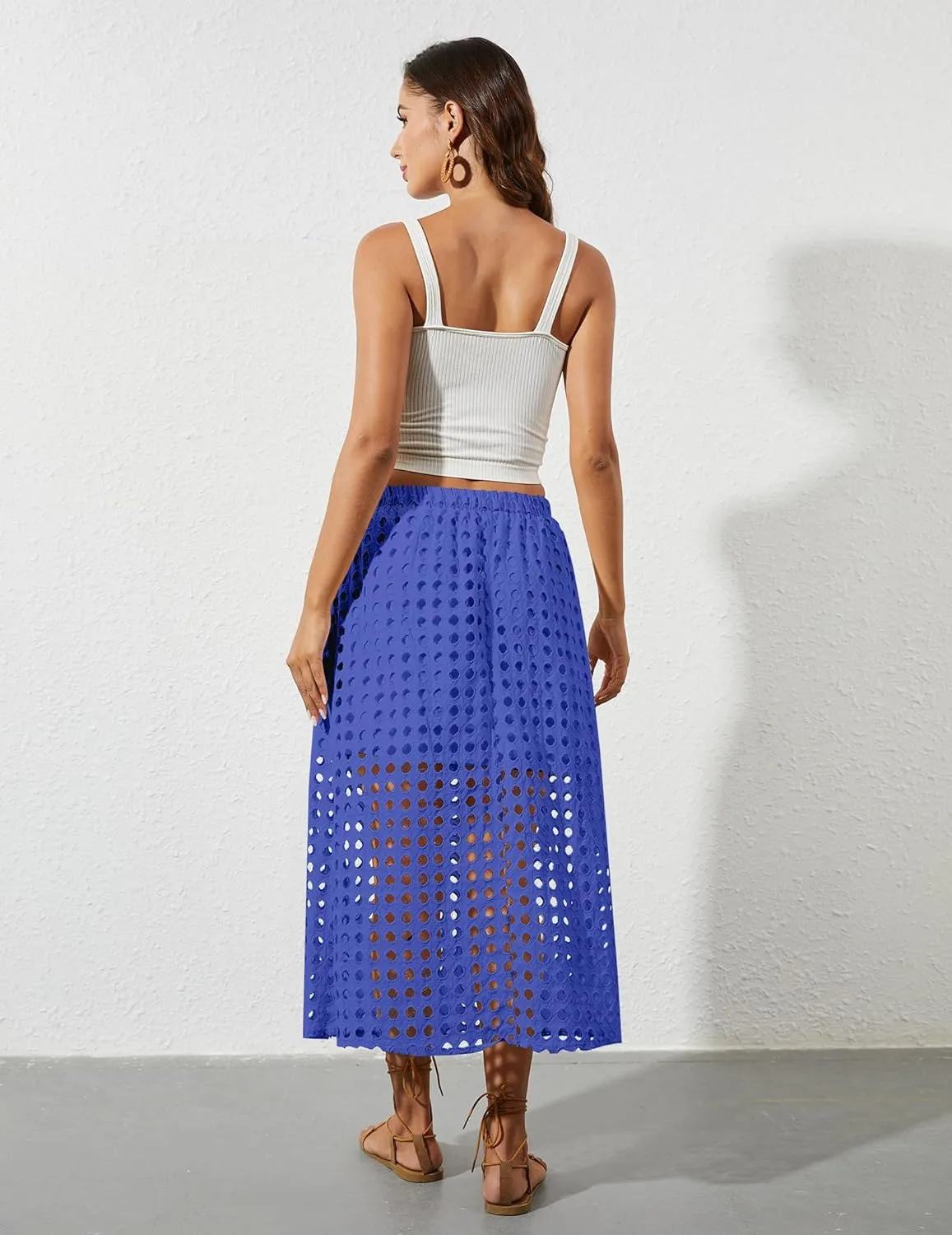2025 Summer Casual Long Skirt for Women Hollow Out Midi Skirt Eyelet Beach Skirt