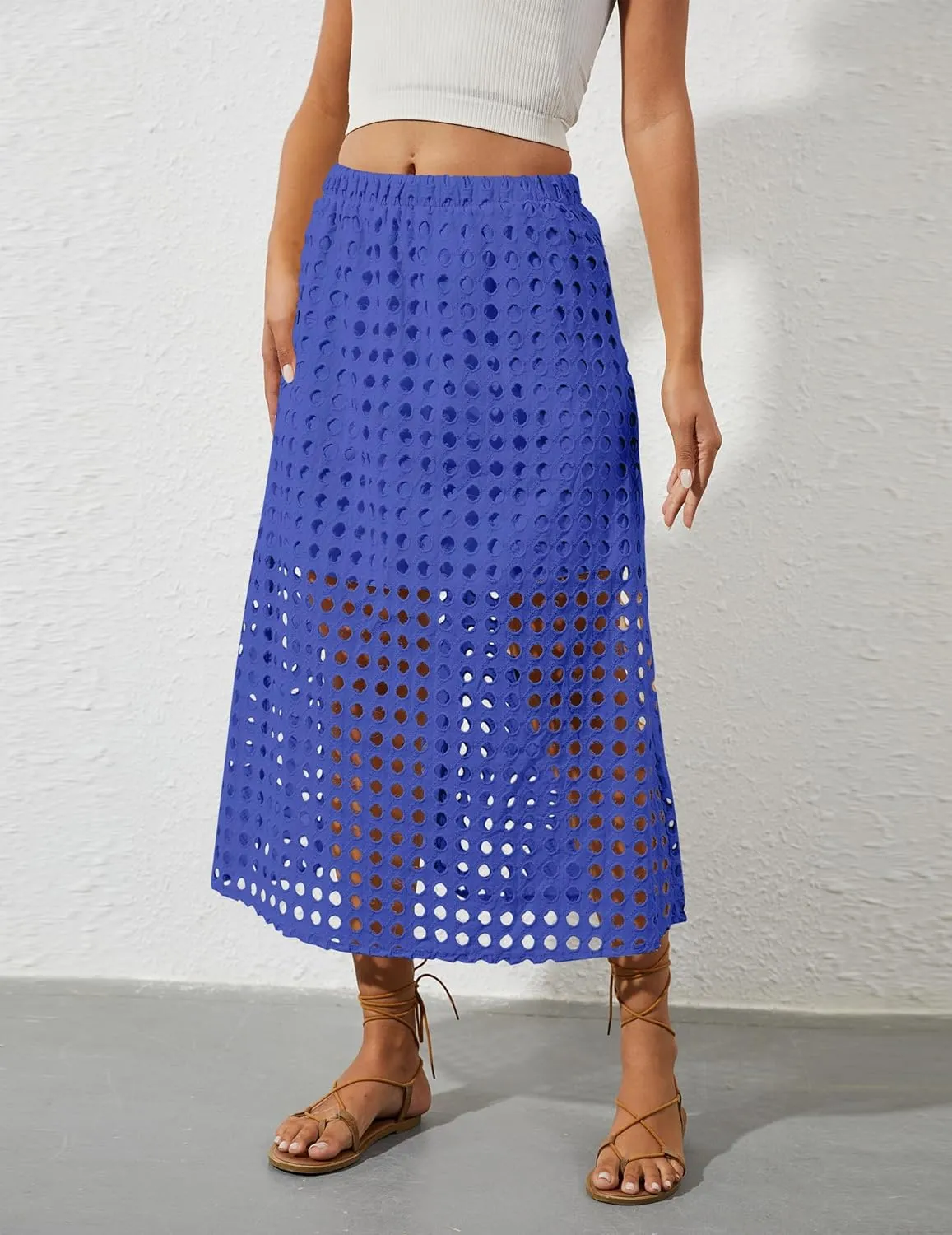 2025 Summer Casual Long Skirt for Women Hollow Out Midi Skirt Eyelet Beach Skirt