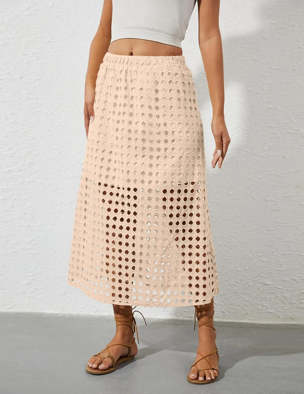 2025 Summer Casual Long Skirt for Women Hollow Out Midi Skirt Eyelet Beach Skirt
