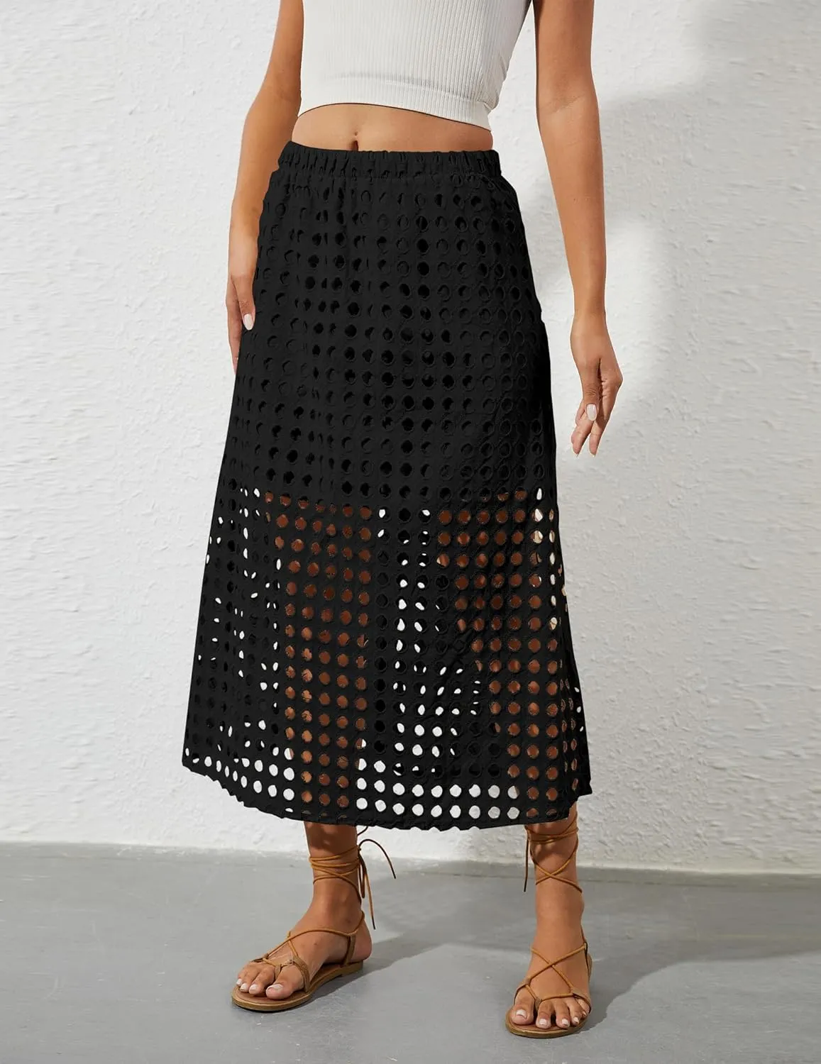 2025 Summer Casual Long Skirt for Women Hollow Out Midi Skirt Eyelet Beach Skirt