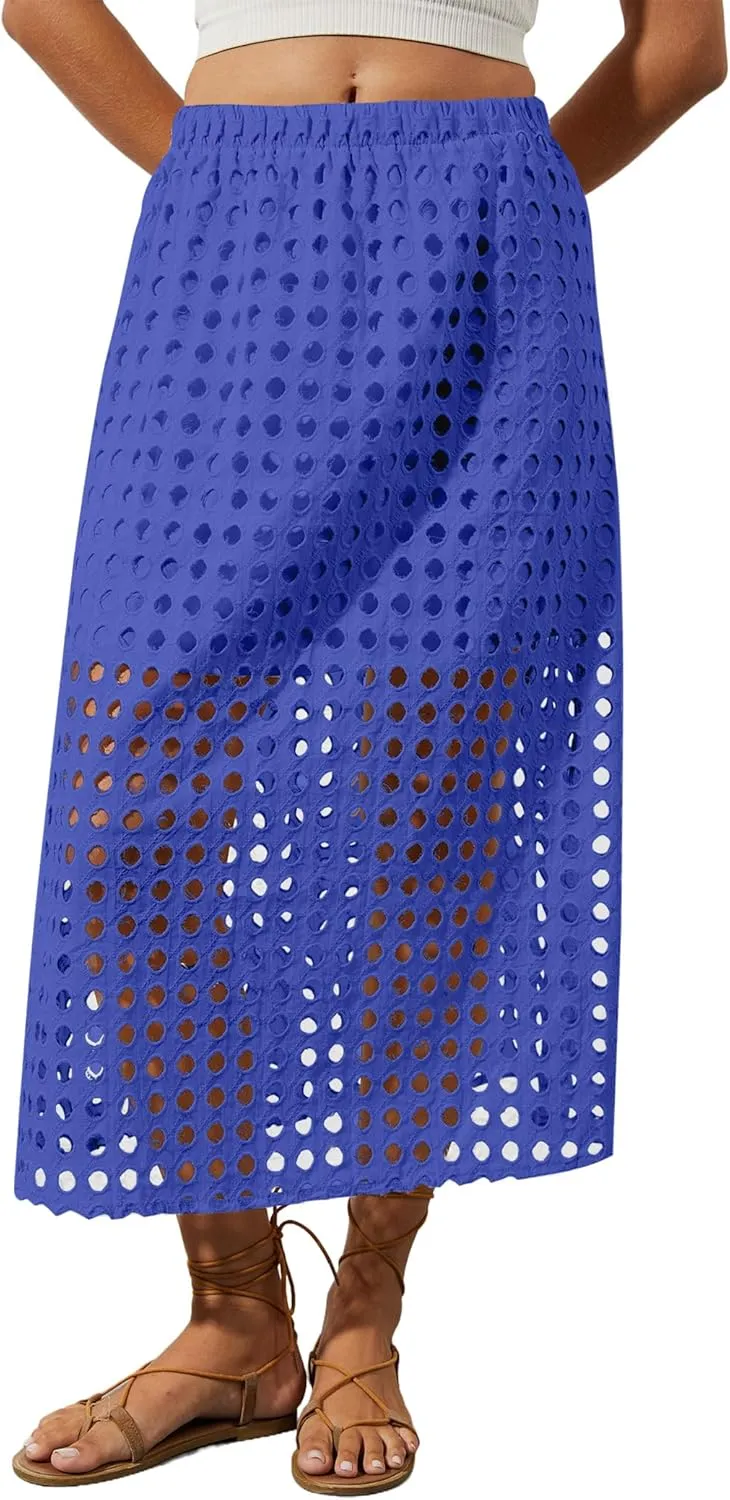 2025 Summer Casual Long Skirt for Women Hollow Out Midi Skirt Eyelet Beach Skirt