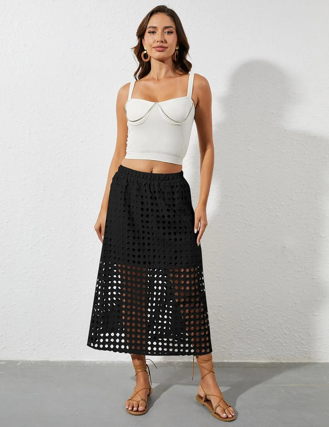 2025 Summer Casual Long Skirt for Women Hollow Out Midi Skirt Eyelet Beach Skirt