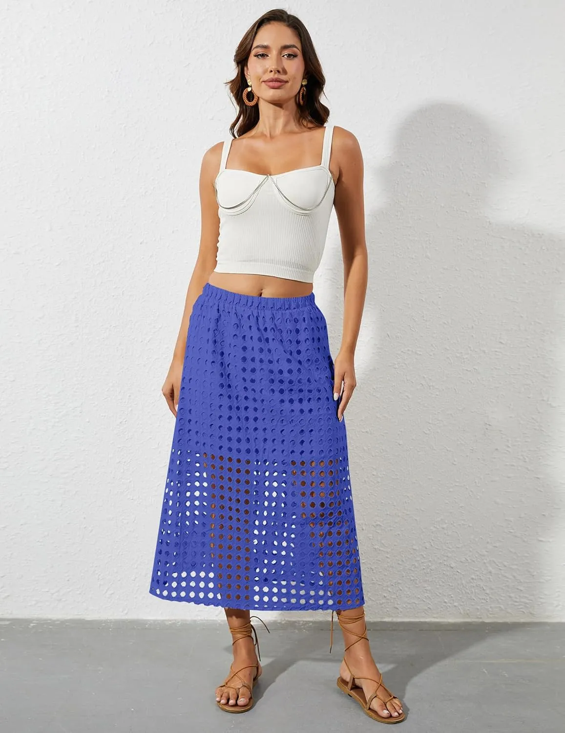 2025 Summer Casual Long Skirt for Women Hollow Out Midi Skirt Eyelet Beach Skirt