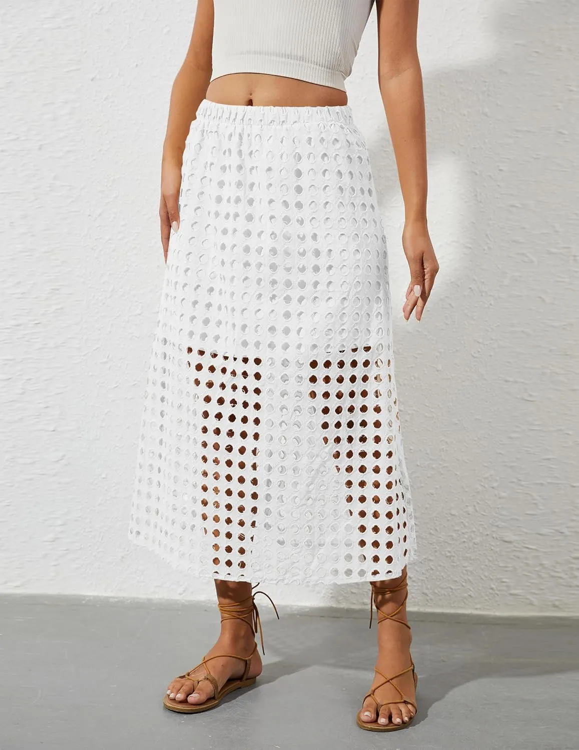2025 Summer Casual Long Skirt for Women Hollow Out Midi Skirt Eyelet Beach Skirt