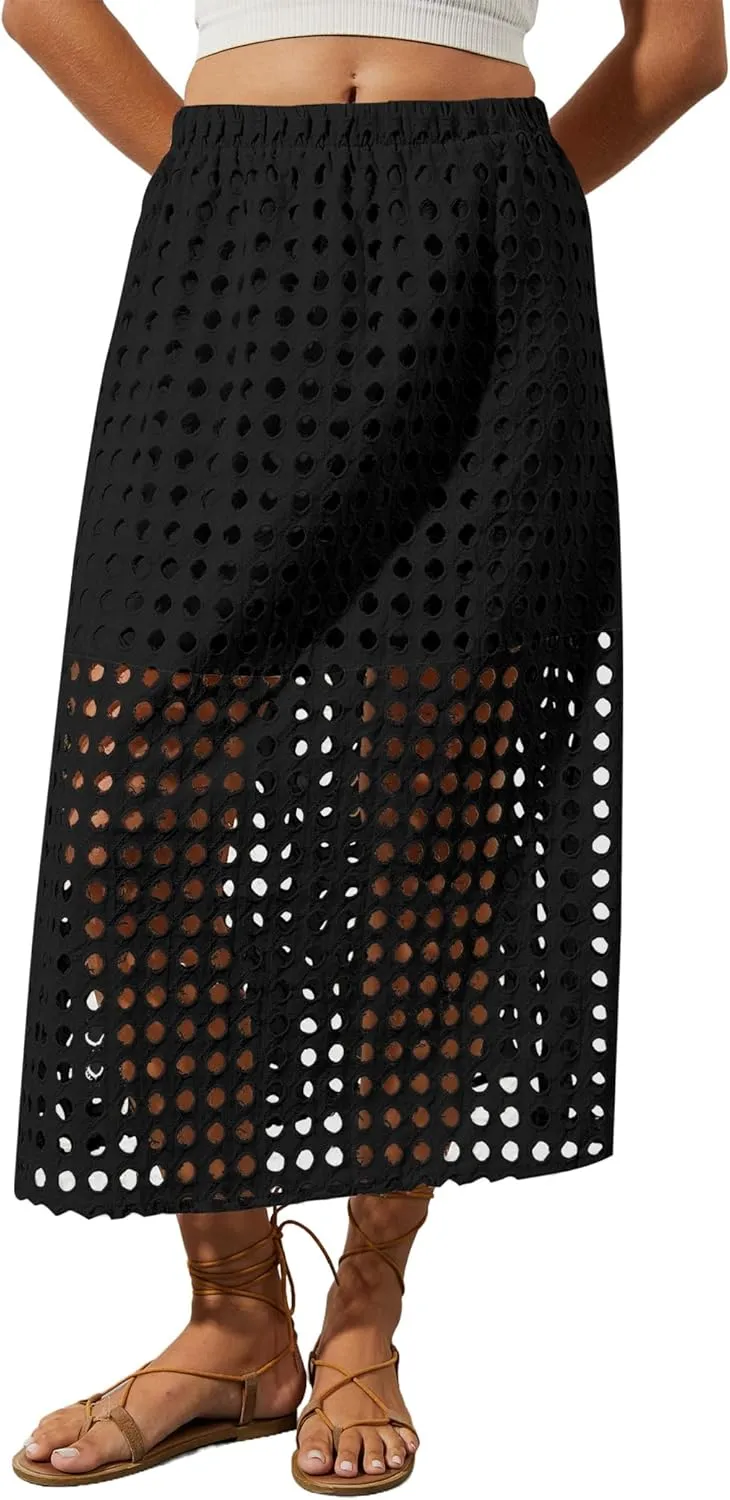 2025 Summer Casual Long Skirt for Women Hollow Out Midi Skirt Eyelet Beach Skirt
