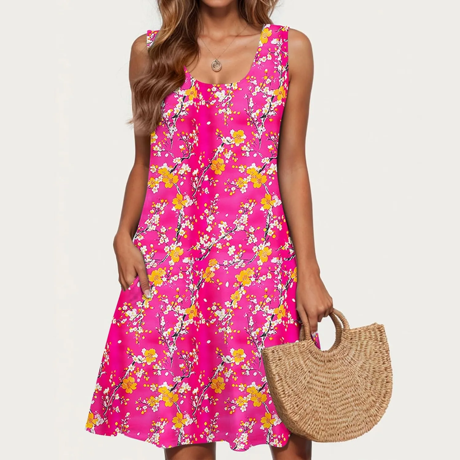 2025 Summer Dresses Womens Beach Boho Sleeveless Vintage Floral Flowy Pocket Tshirts Tanks Tunic Short Mini Sundresses