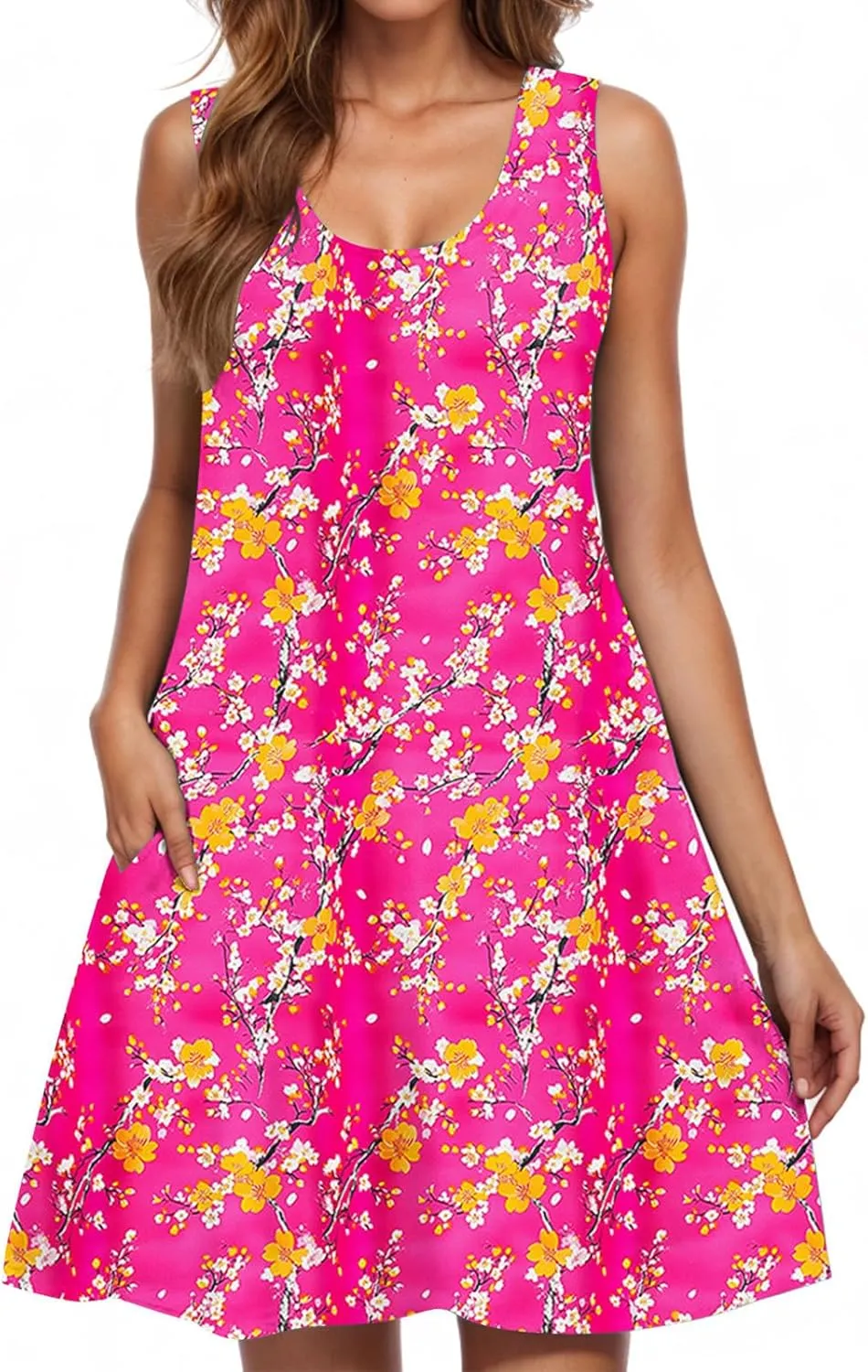2025 Summer Dresses Womens Beach Boho Sleeveless Vintage Floral Flowy Pocket Tshirts Tanks Tunic Short Mini Sundresses