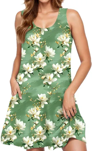 2025 Summer Dresses Womens Beach Boho Sleeveless Vintage Floral Flowy Pocket Tshirts Tanks Tunic Short Mini Sundresses