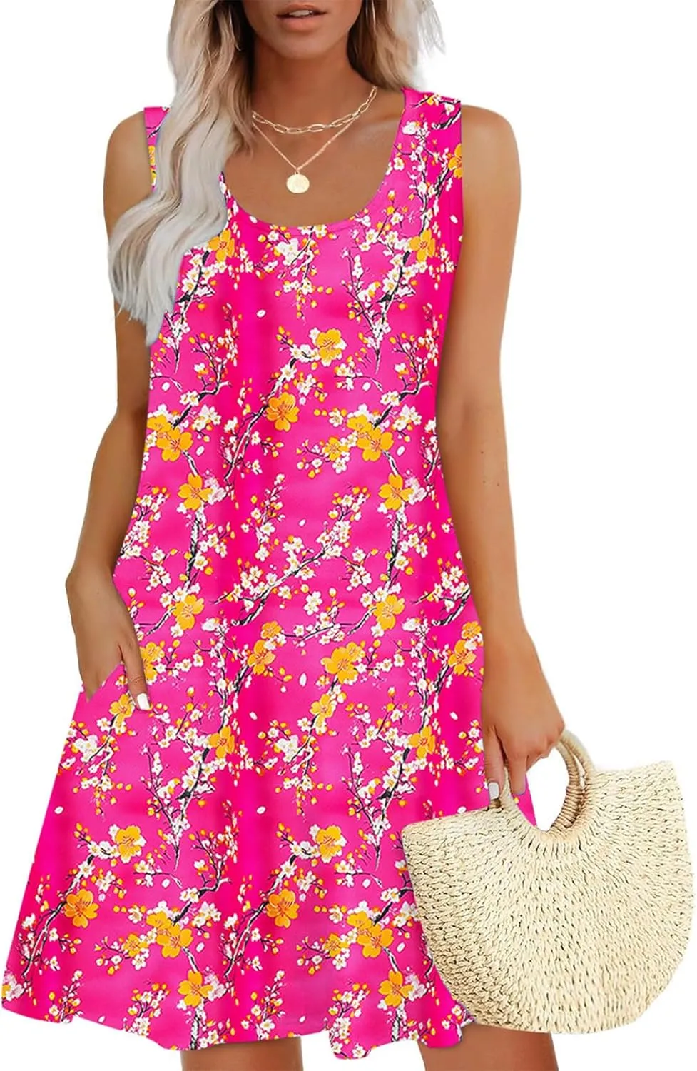 2025 Summer Dresses Womens Beach Boho Sleeveless Vintage Floral Flowy Pocket Tshirts Tanks Tunic Short Mini Sundresses