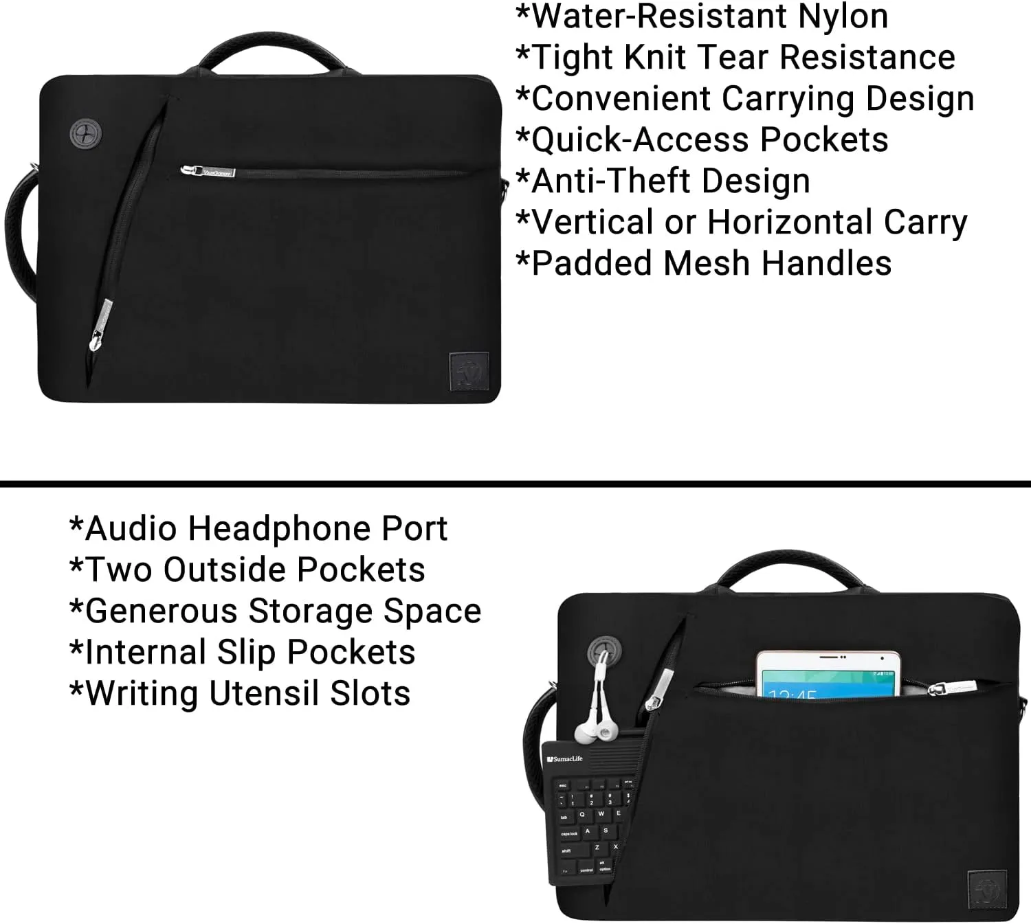 3-in-1 10 12-inch Tablet Laptop Bag for iPad 10.2" 9.7", Air 10.9" 10.5", Pro 11" 12.9" (Black)