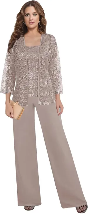3 Pieces Pant Suits for Women Dressy - Chiffon Lace Mother of The Bride Pant Suits for Wedding with Jacket