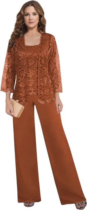 3 Pieces Pant Suits for Women Dressy - Chiffon Lace Mother of The Bride Pant Suits for Wedding with Jacket