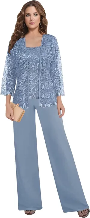 3 Pieces Pant Suits for Women Dressy - Chiffon Lace Mother of The Bride Pant Suits for Wedding with Jacket