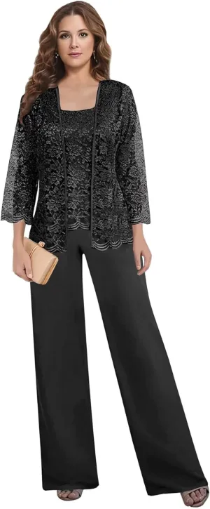 3 Pieces Pant Suits for Women Dressy - Chiffon Lace Mother of The Bride Pant Suits for Wedding with Jacket