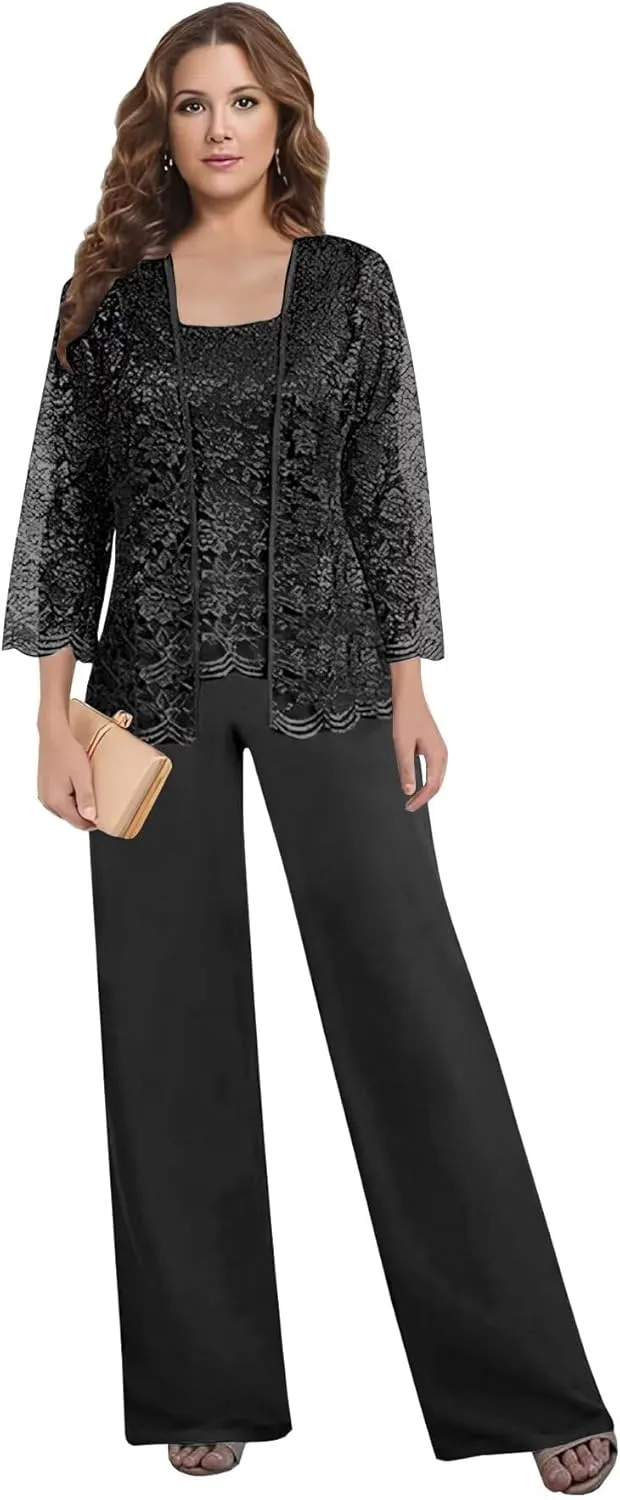 3 Pieces Pant Suits for Women Dressy - Chiffon Lace Mother of The Bride Pant Suits for Wedding with Jacket