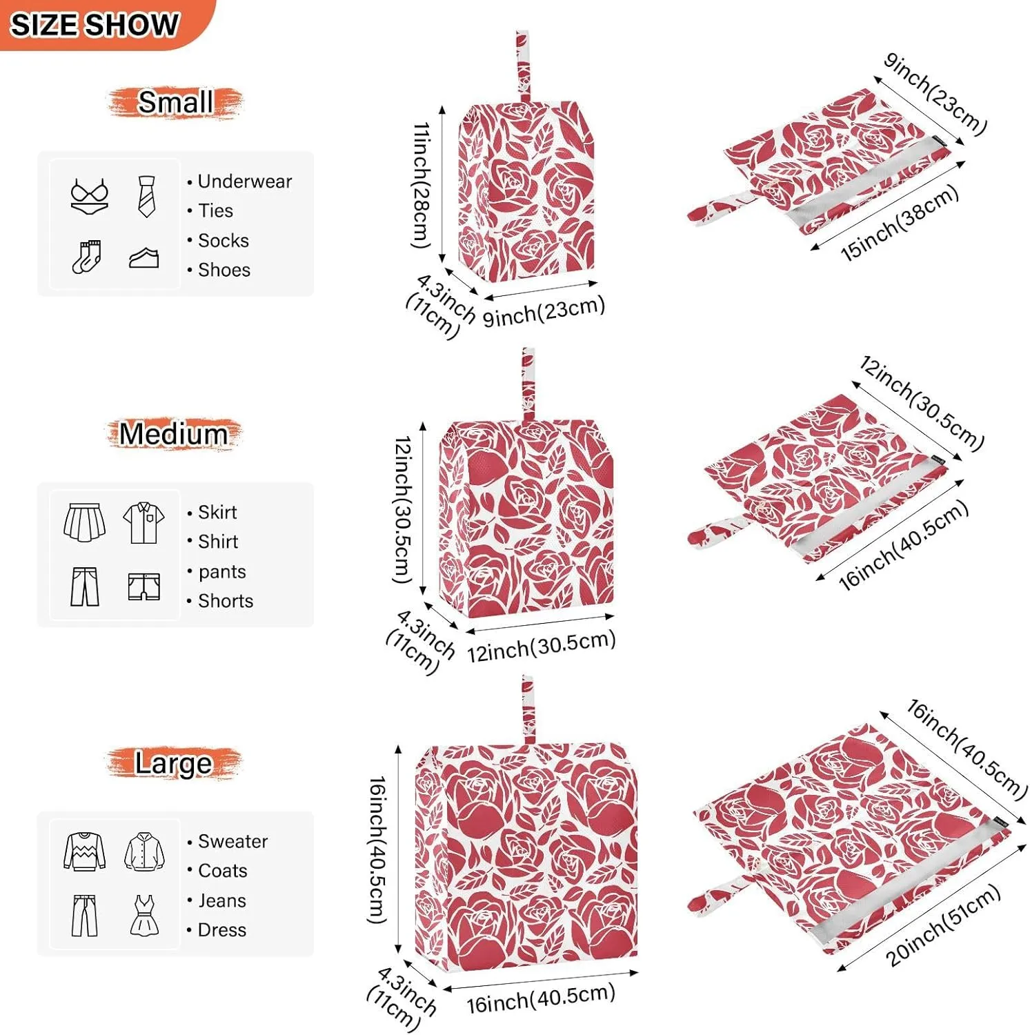 3 Set Packing Cubes Travel Luggage Packing Organizers with Handle and Transparent PVC Waterproof Packing Cubes for Suitcases Accessories in 3 Sizes Red Rose