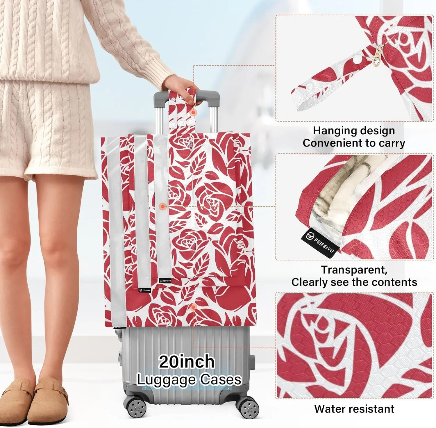 3 Set Packing Cubes Travel Luggage Packing Organizers with Handle and Transparent PVC Waterproof Packing Cubes for Suitcases Accessories in 3 Sizes Red Rose