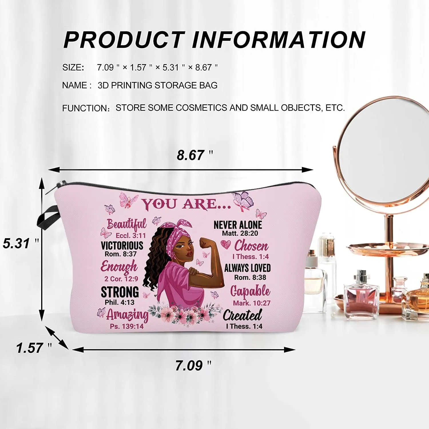 African American Makeup Bag for Purse You Are Beautiful Victorios Enough Strong Amazing Afro Black Cosmetic Bags for Women Inspirational Gift Small Funny Cosmetics Pouch Travel Bag Cases