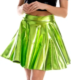 Aivtalk Metallic Skirt Shiny Flared Mini Skirt High Waist Holographic Skirt Halloween Pleated Leather Skirt