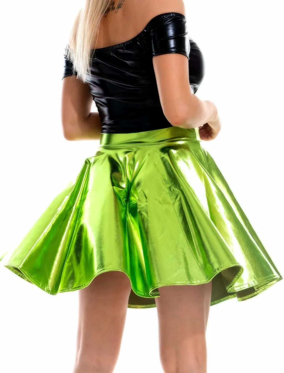 Aivtalk Metallic Skirt Shiny Flared Mini Skirt High Waist Holographic Skirt Halloween Pleated Leather Skirt