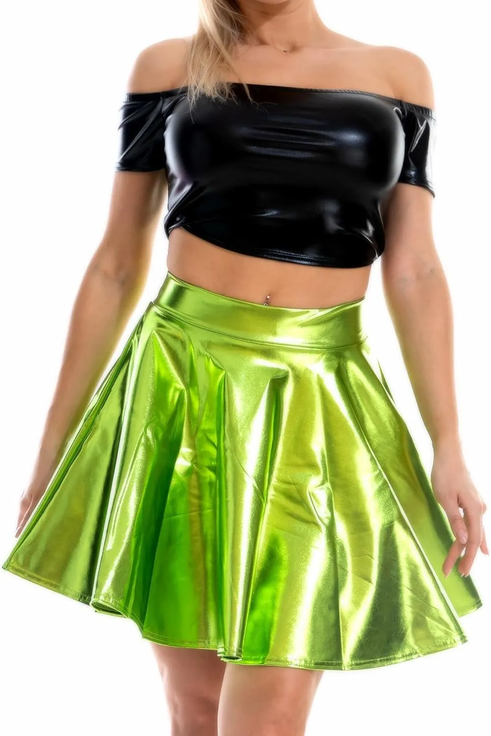 Aivtalk Metallic Skirt Shiny Flared Mini Skirt High Waist Holographic Skirt Halloween Pleated Leather Skirt