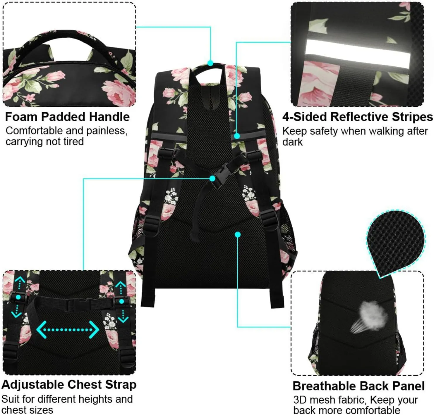 ALAZA Pink Rose Flower Floral Backpacks Travel Laptop Daypack School Book Bag for Men Women Teens Kids