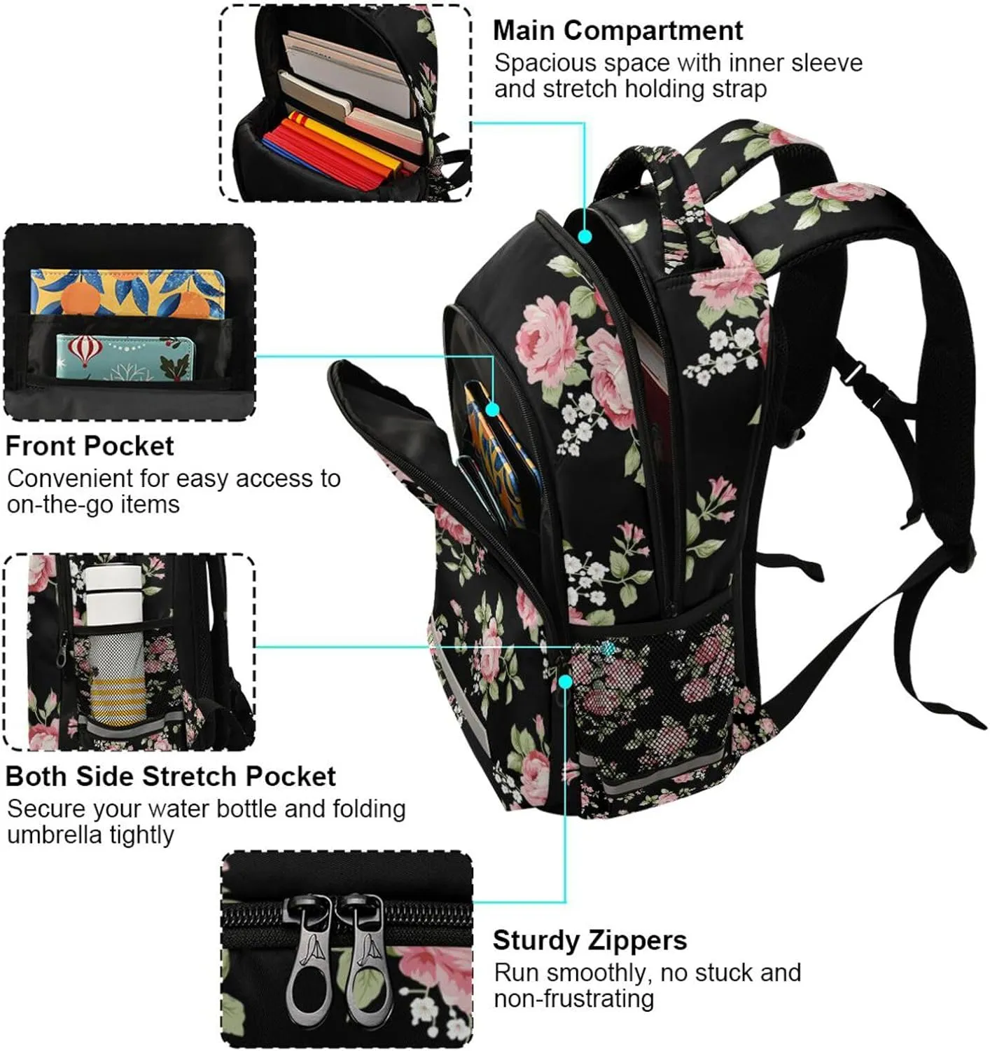 ALAZA Pink Rose Flower Floral Backpacks Travel Laptop Daypack School Book Bag for Men Women Teens Kids