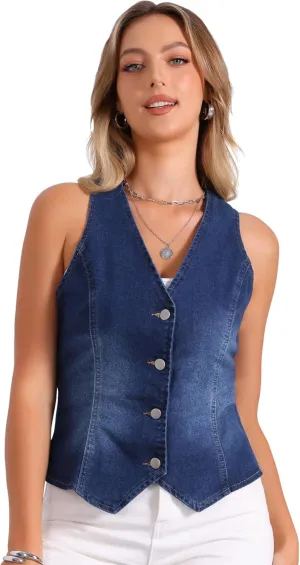 Allegra K V Neck Denim Vest for Women's Sleeveless Button Down Jean Waistcoat Fashion Casual Jacket