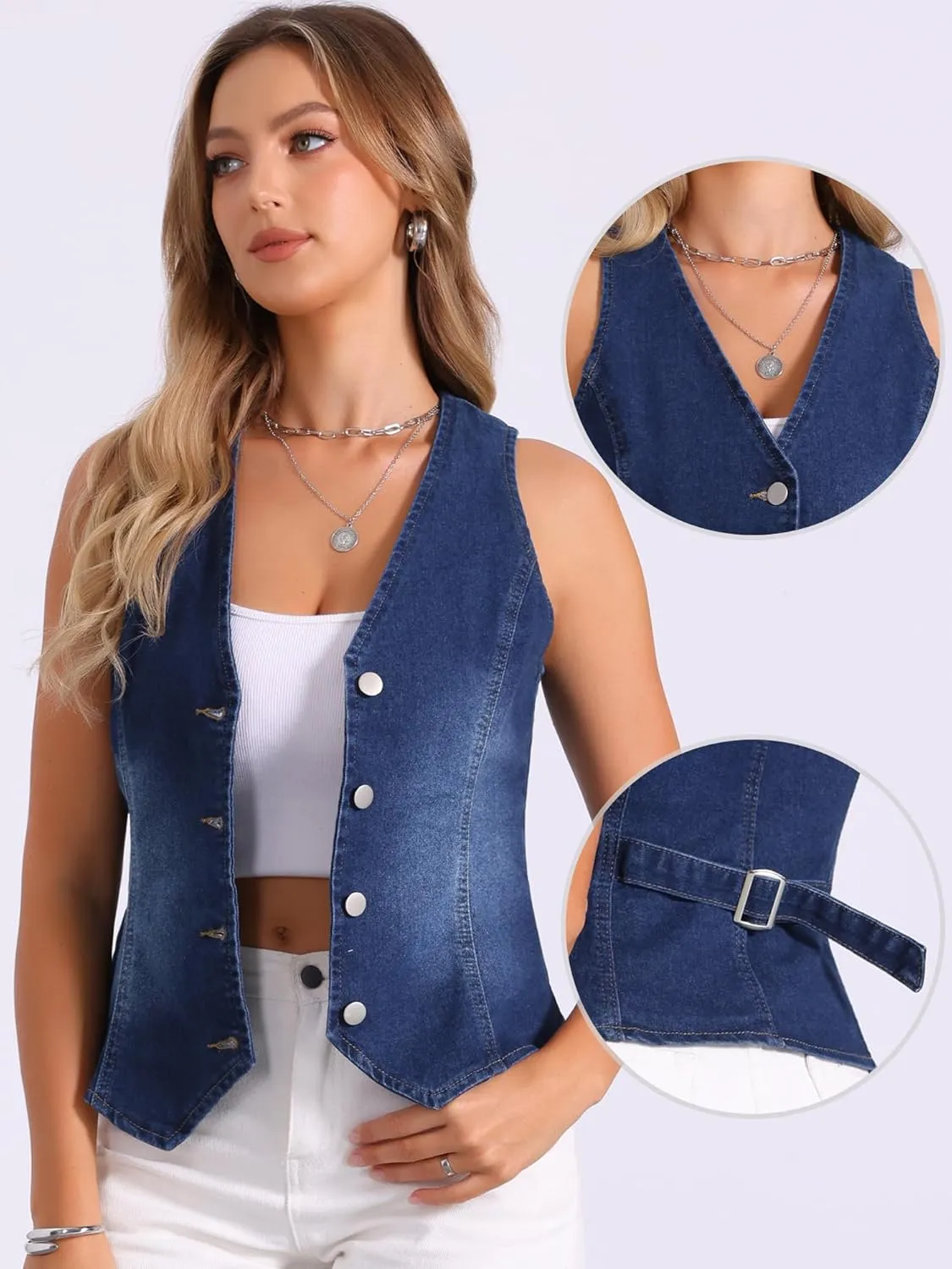 Allegra K V Neck Denim Vest for Women's Sleeveless Button Down Jean Waistcoat Fashion Casual Jacket