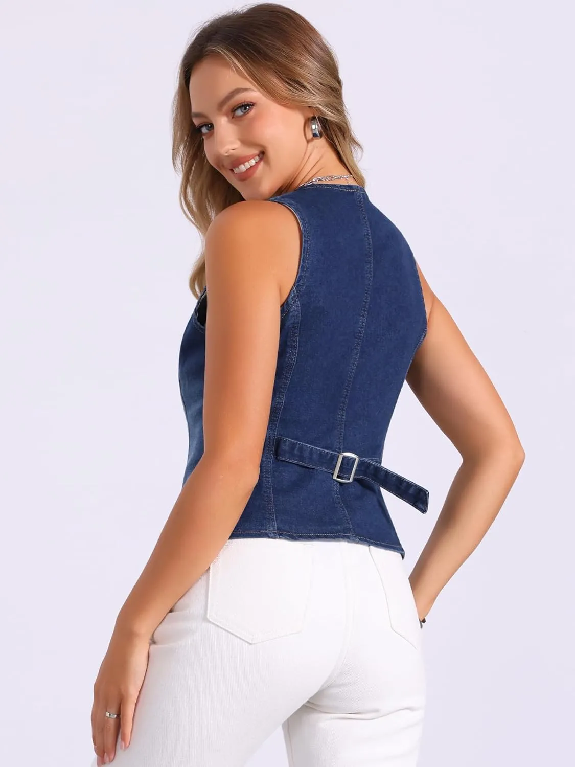 Allegra K V Neck Denim Vest for Women's Sleeveless Button Down Jean Waistcoat Fashion Casual Jacket