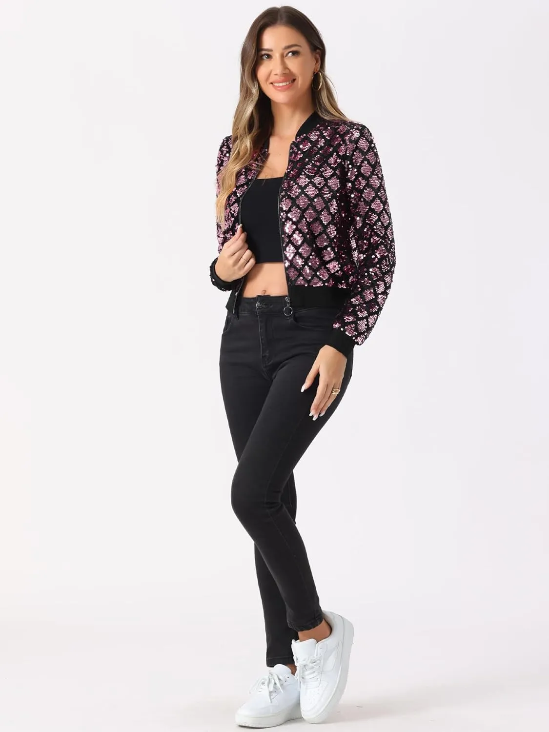 Allegra K Women's Sequin Long Sleeve Zip Up Cropped Glitter Party Sparkly Bomber Jacket