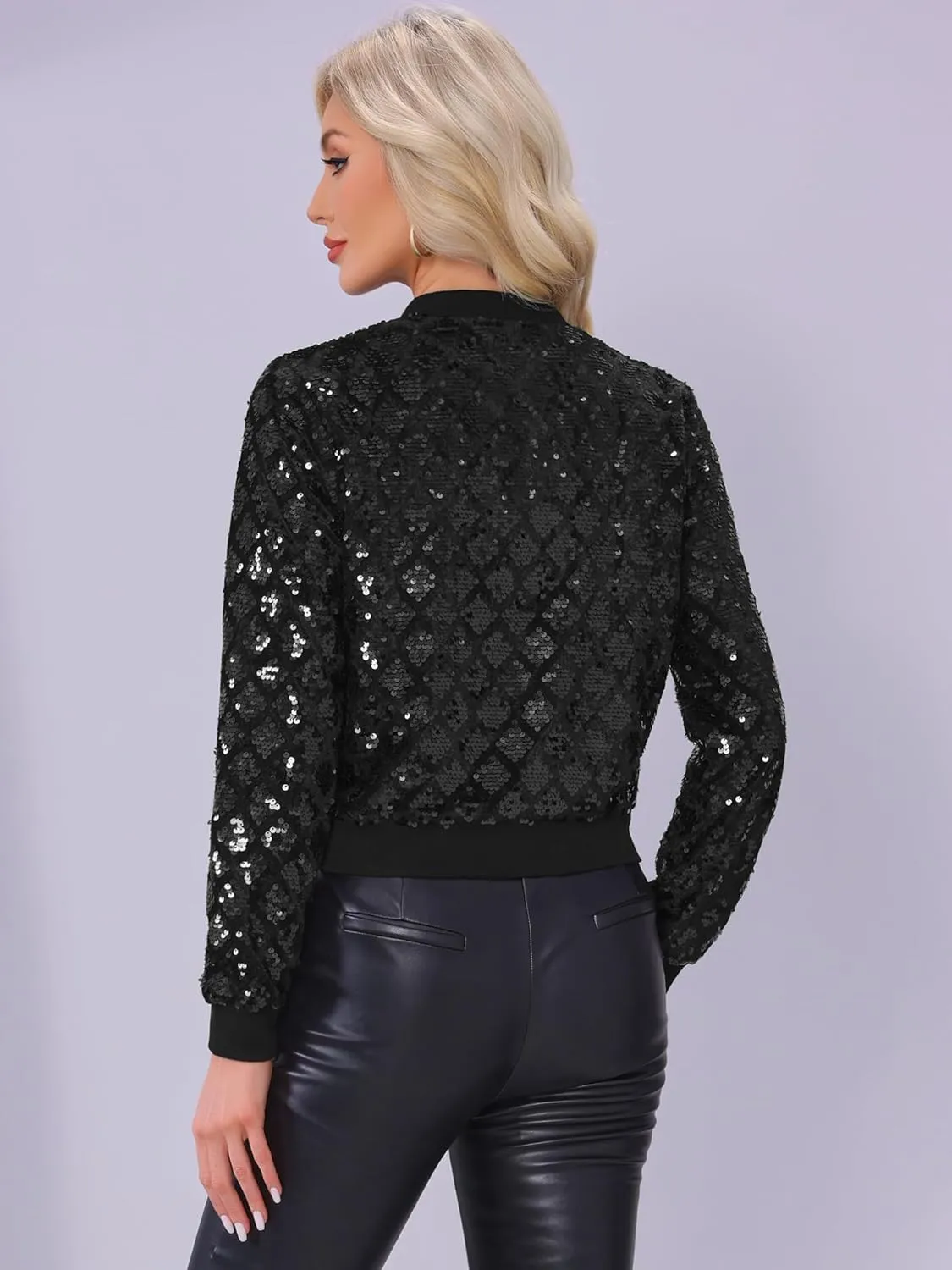 Allegra K Women's Sequin Long Sleeve Zip Up Cropped Glitter Party Sparkly Bomber Jacket