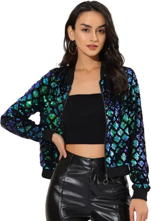 Allegra K Women's Sequin Long Sleeve Zip Up Cropped Glitter Party Sparkly Bomber Jacket