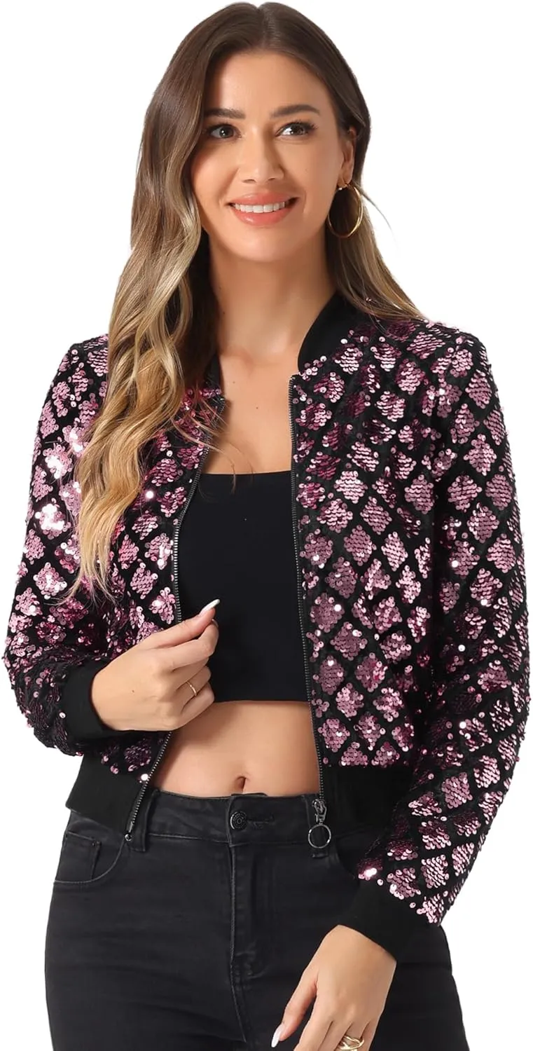 Allegra K Women's Sequin Long Sleeve Zip Up Cropped Glitter Party Sparkly Bomber Jacket