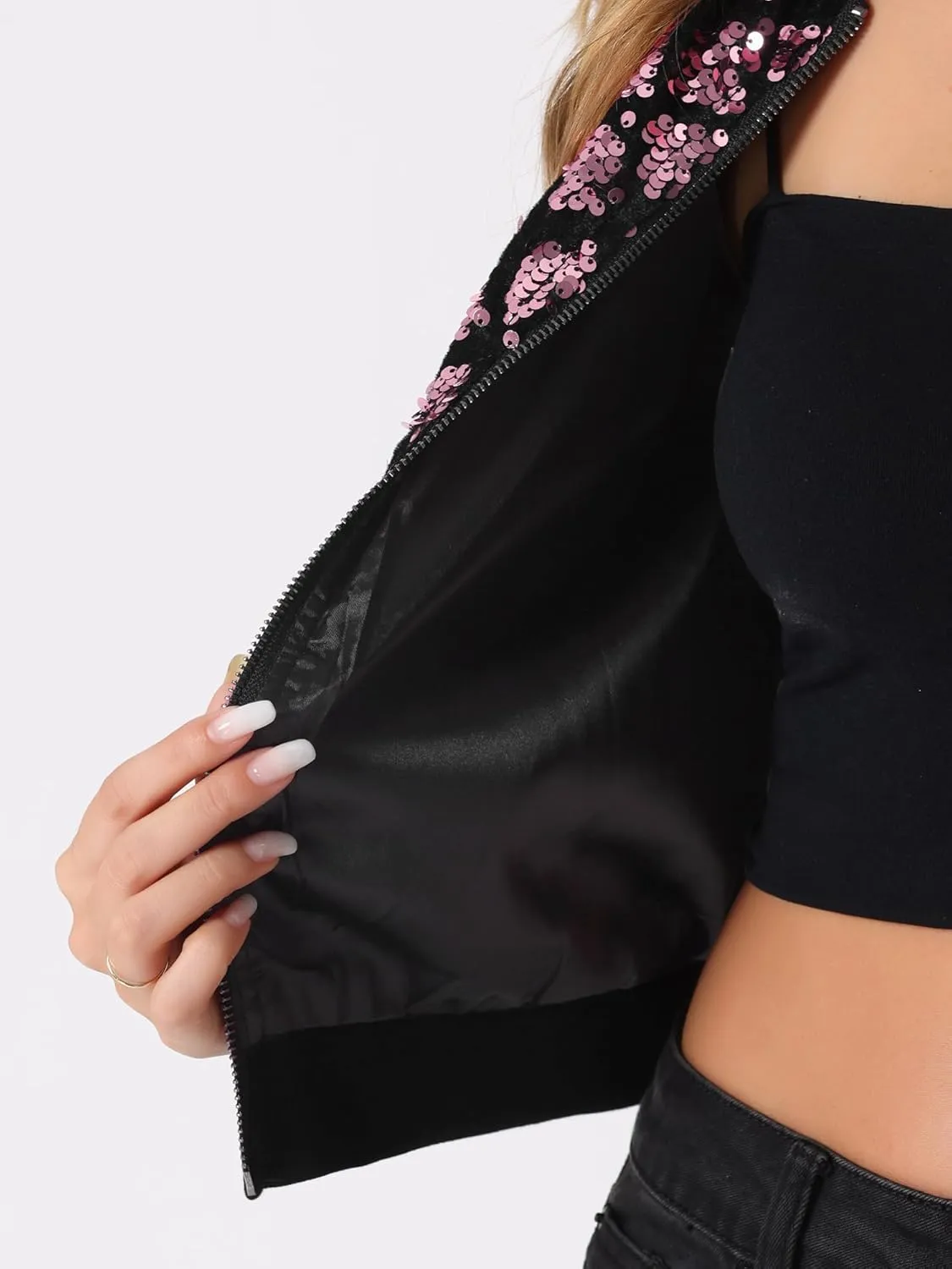 Allegra K Women's Sequin Long Sleeve Zip Up Cropped Glitter Party Sparkly Bomber Jacket