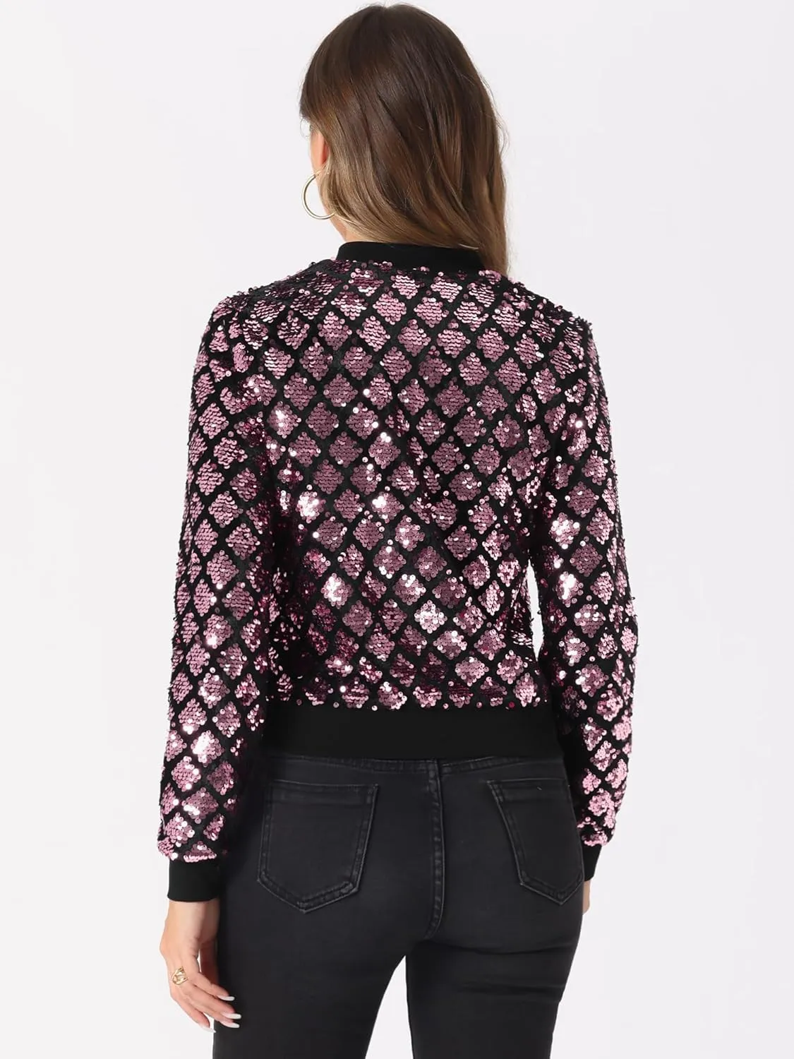 Allegra K Women's Sequin Long Sleeve Zip Up Cropped Glitter Party Sparkly Bomber Jacket