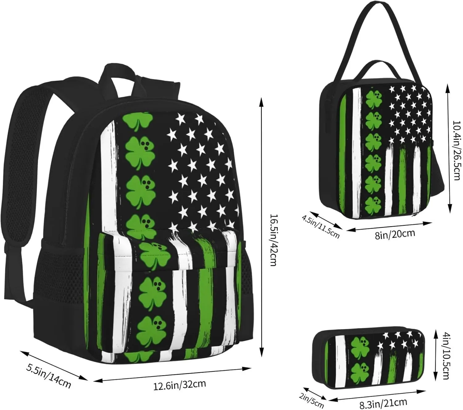 American Flag St Patrick's Day Vintage Bowling Irish Multifunctional Pocket Backpack Crossbody Lunch Bag Pencil Case 3Pcs Set Large Capacity Backpack