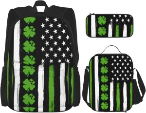American Flag St Patrick's Day Vintage Bowling Irish Multifunctional Pocket Backpack Crossbody Lunch Bag Pencil Case 3Pcs Set Large Capacity Backpack