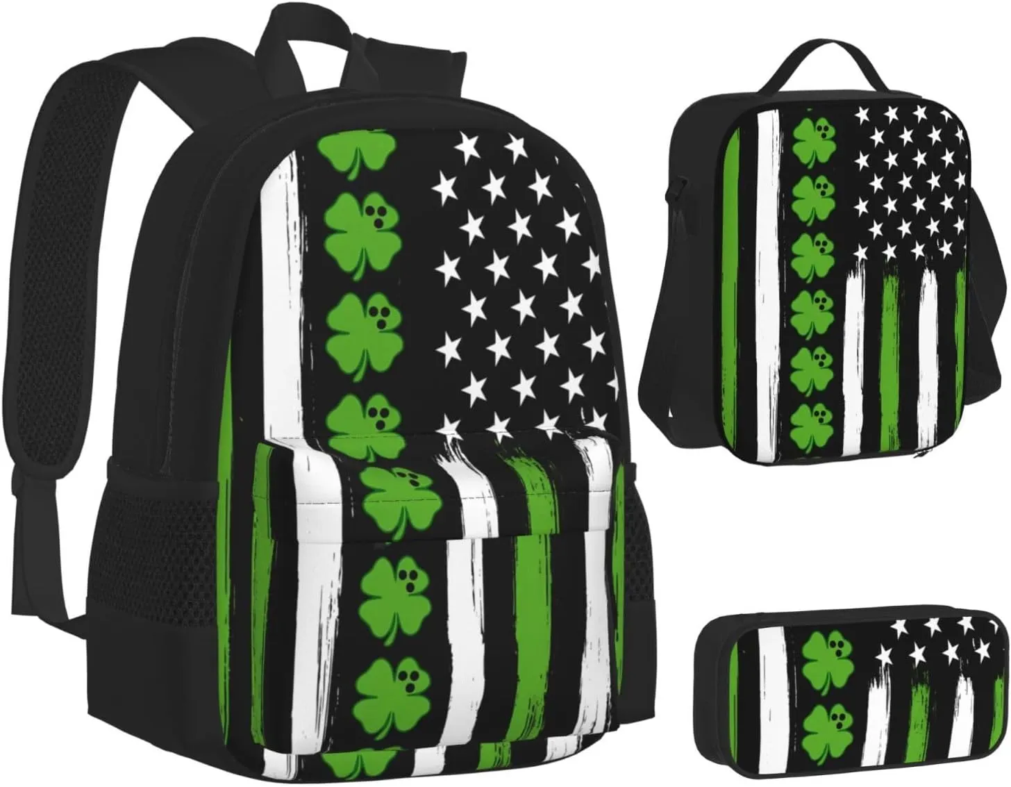American Flag St Patrick's Day Vintage Bowling Irish Multifunctional Pocket Backpack Crossbody Lunch Bag Pencil Case 3Pcs Set Large Capacity Backpack