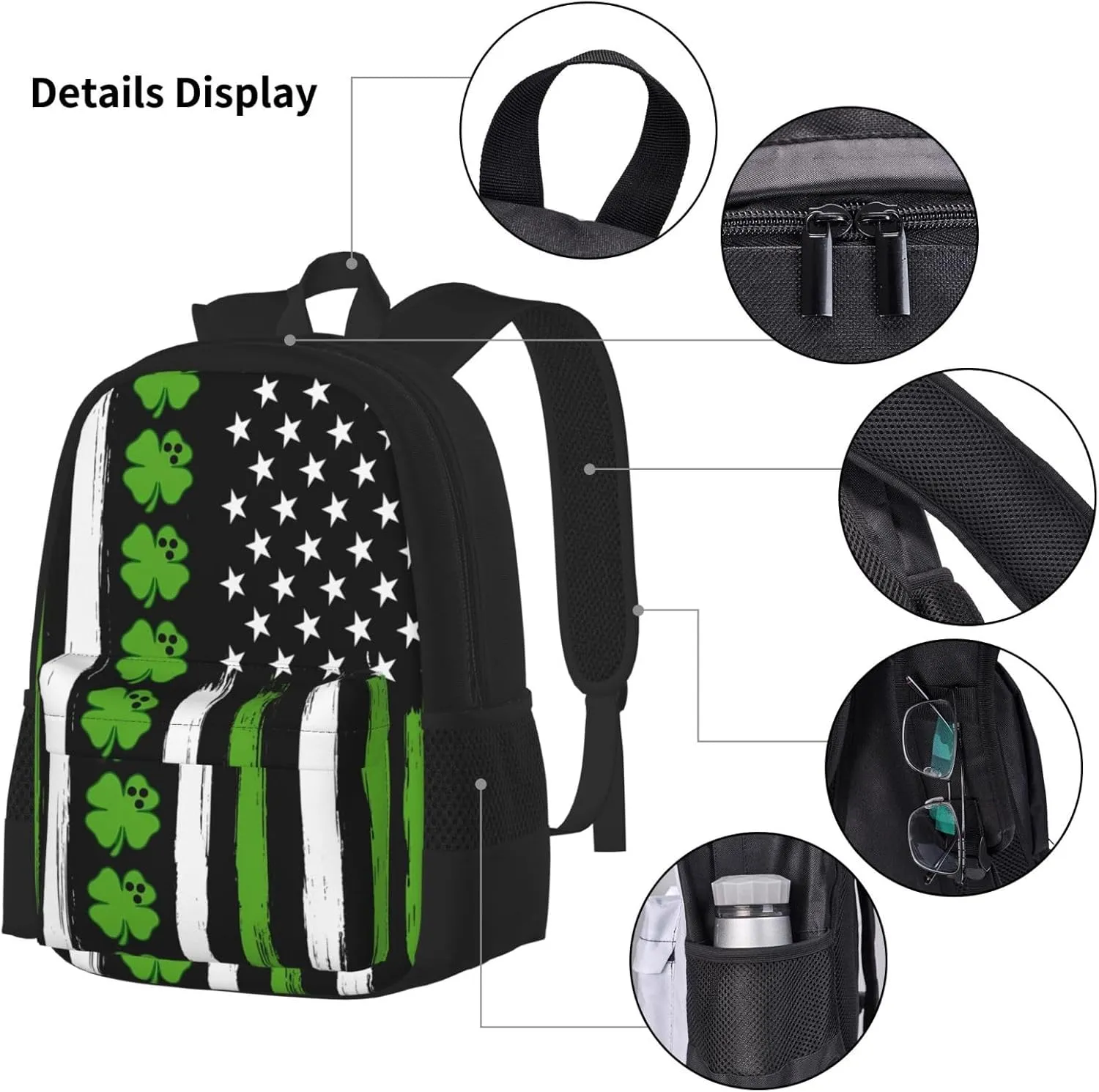American Flag St Patrick's Day Vintage Bowling Irish Multifunctional Pocket Backpack Crossbody Lunch Bag Pencil Case 3Pcs Set Large Capacity Backpack